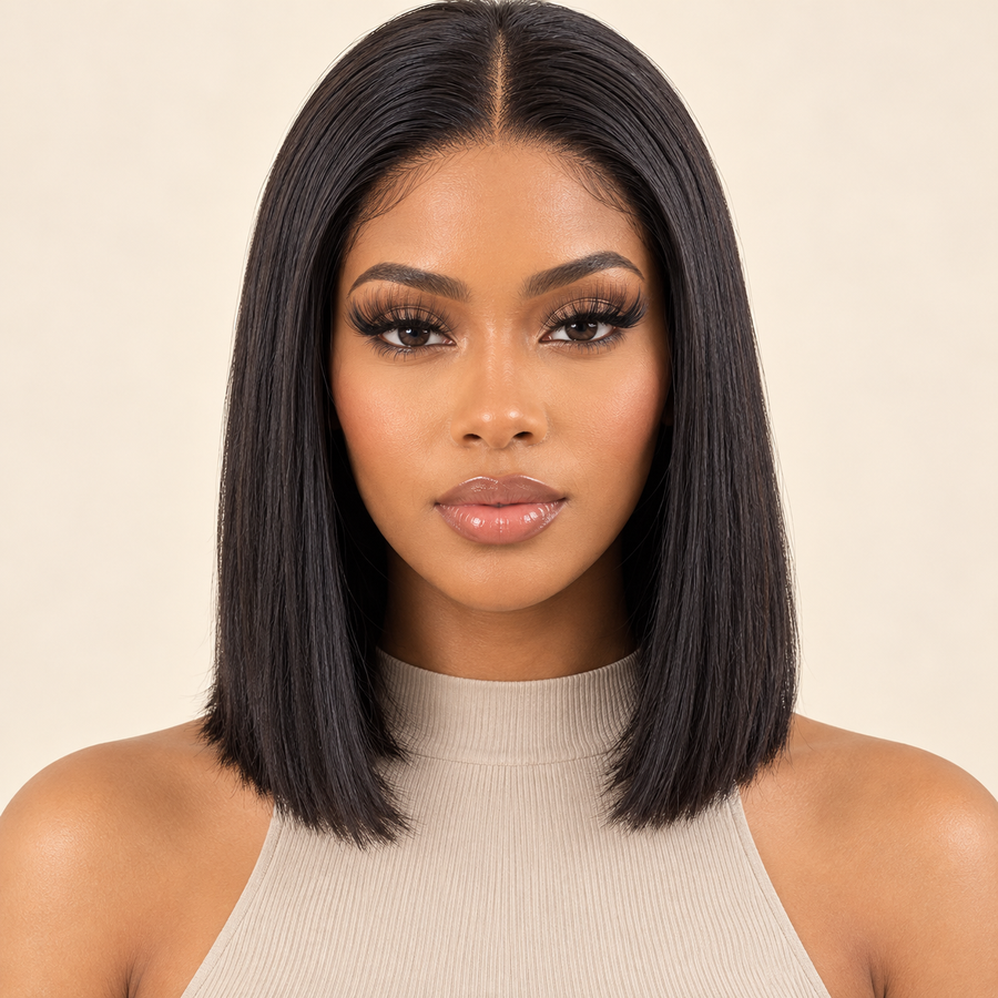 13x4 Lace Front Bob Human Hair Wig, Natural Color, 10 inch, model front view; AI-generated visualization.