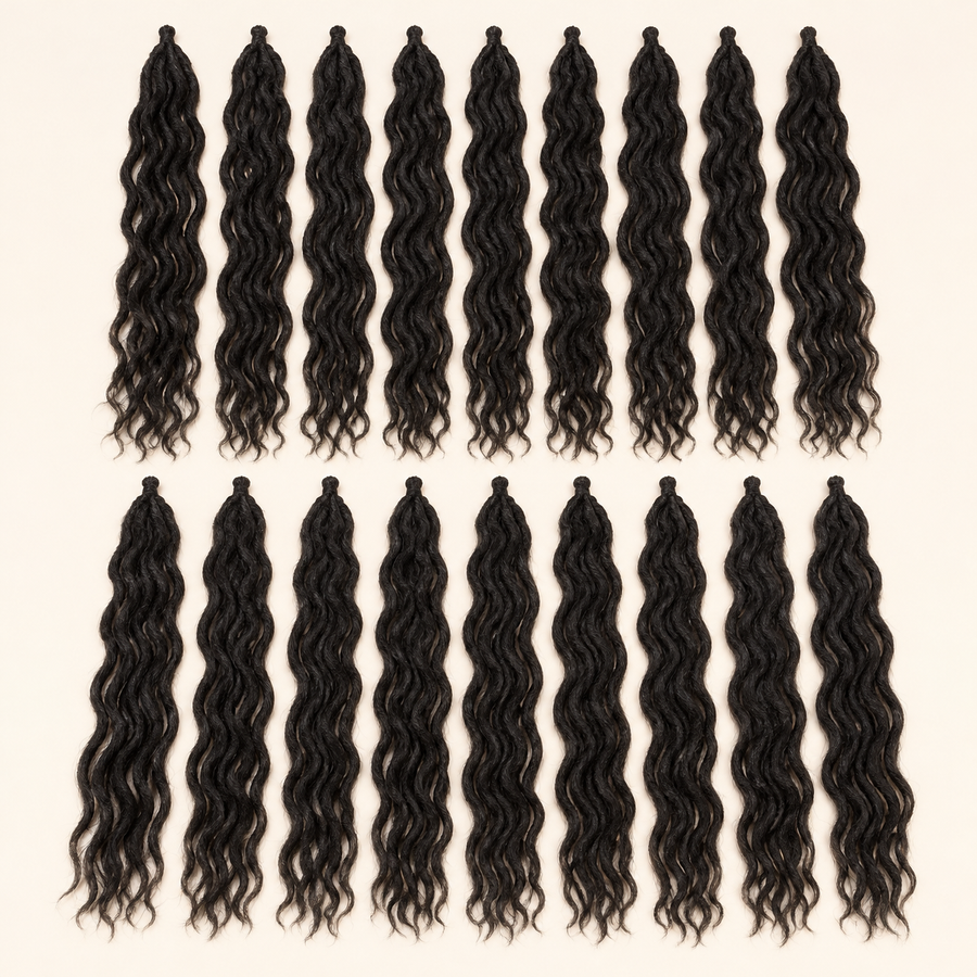Ombre Curly Crochet Braiding Hair, 1B natural black, one 18-strand pack, full product view; AI-generated visualization.