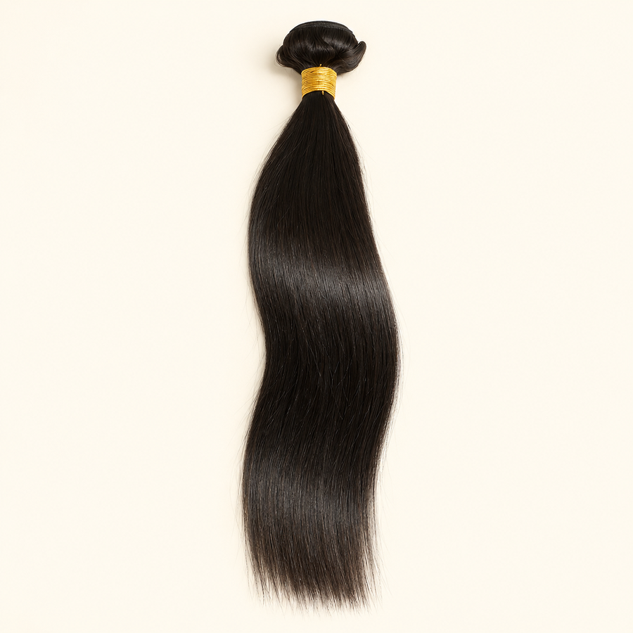 Human Hair Bundle, natural black, single 14 inch bone-straight weft, AI-generated visualization