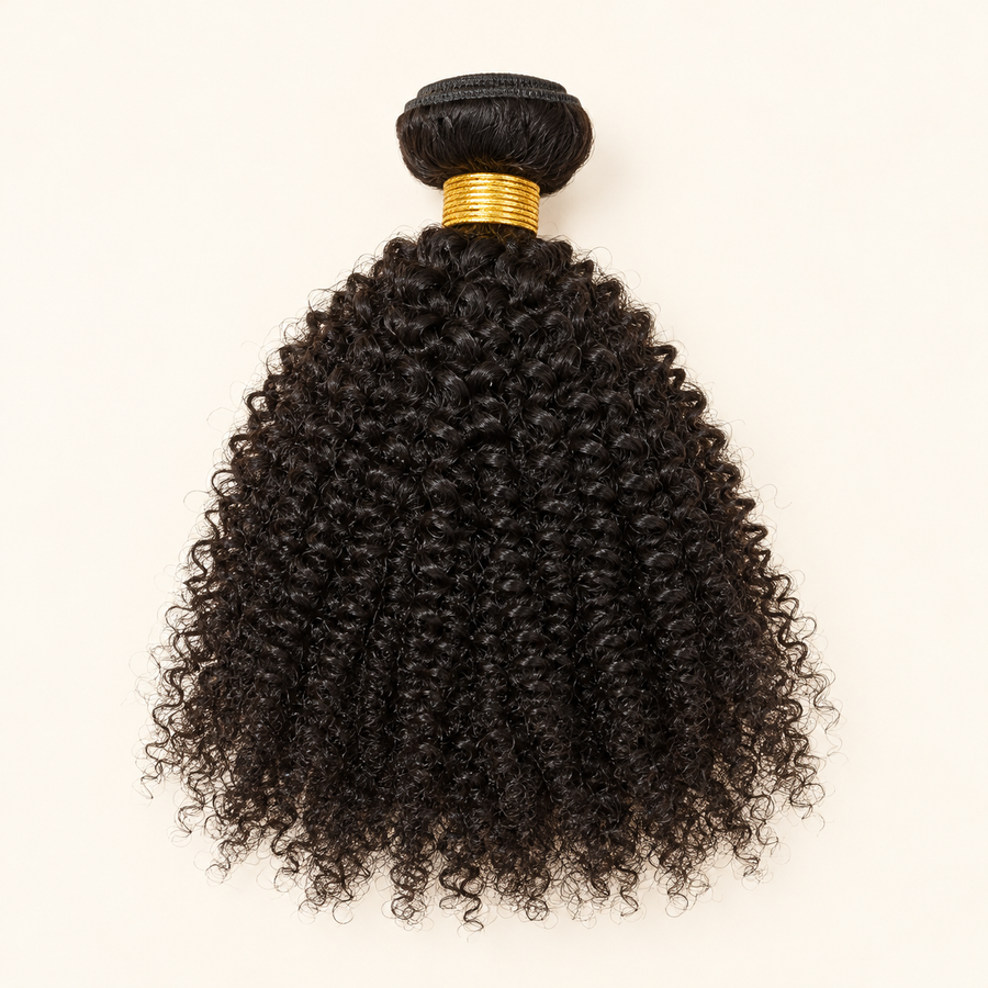 Kinky Curly Human Hair Bundle, natural black, one 8-inch machine-weft bundle; AI-generated visualization.