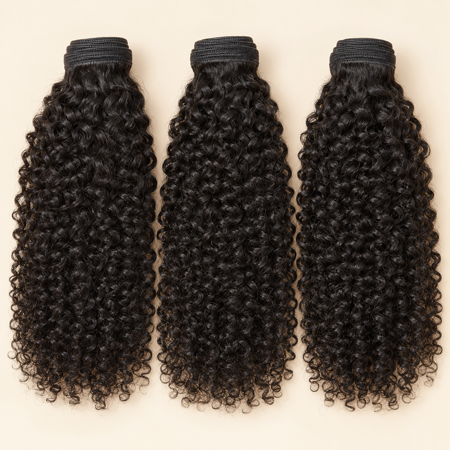 Kinky Curly Human Hair Bundle, natural black, three sewn-weft bundles, primary view, AI-generated visualization