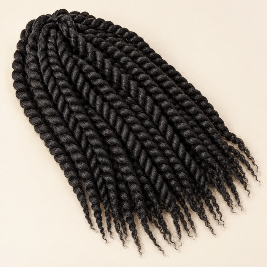 Natural-black pre-twisted synthetic crochet braiding hair bundle; AI-generated product-only hero.