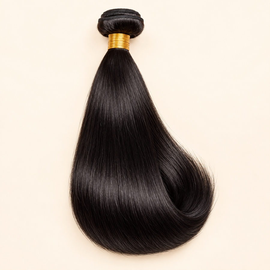 One straight natural-black human-hair weft bundle, AI-generated visualization; a single bundle, not a complete wig