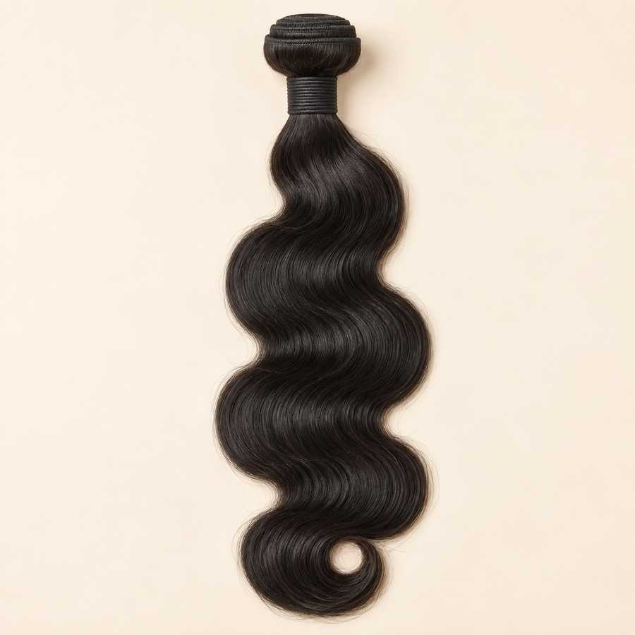 Body Wave human-hair weft bundle, natural black, 18 inch, product-only primary view, AI-generated visualization.