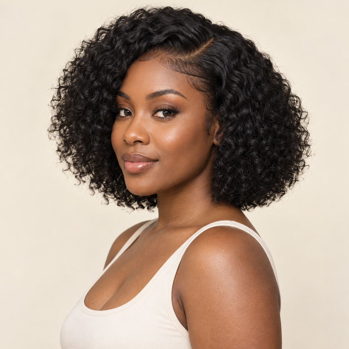 Natural-black jerry curly human-hair lace-front wig, 10-inch view, AI-generated visualization