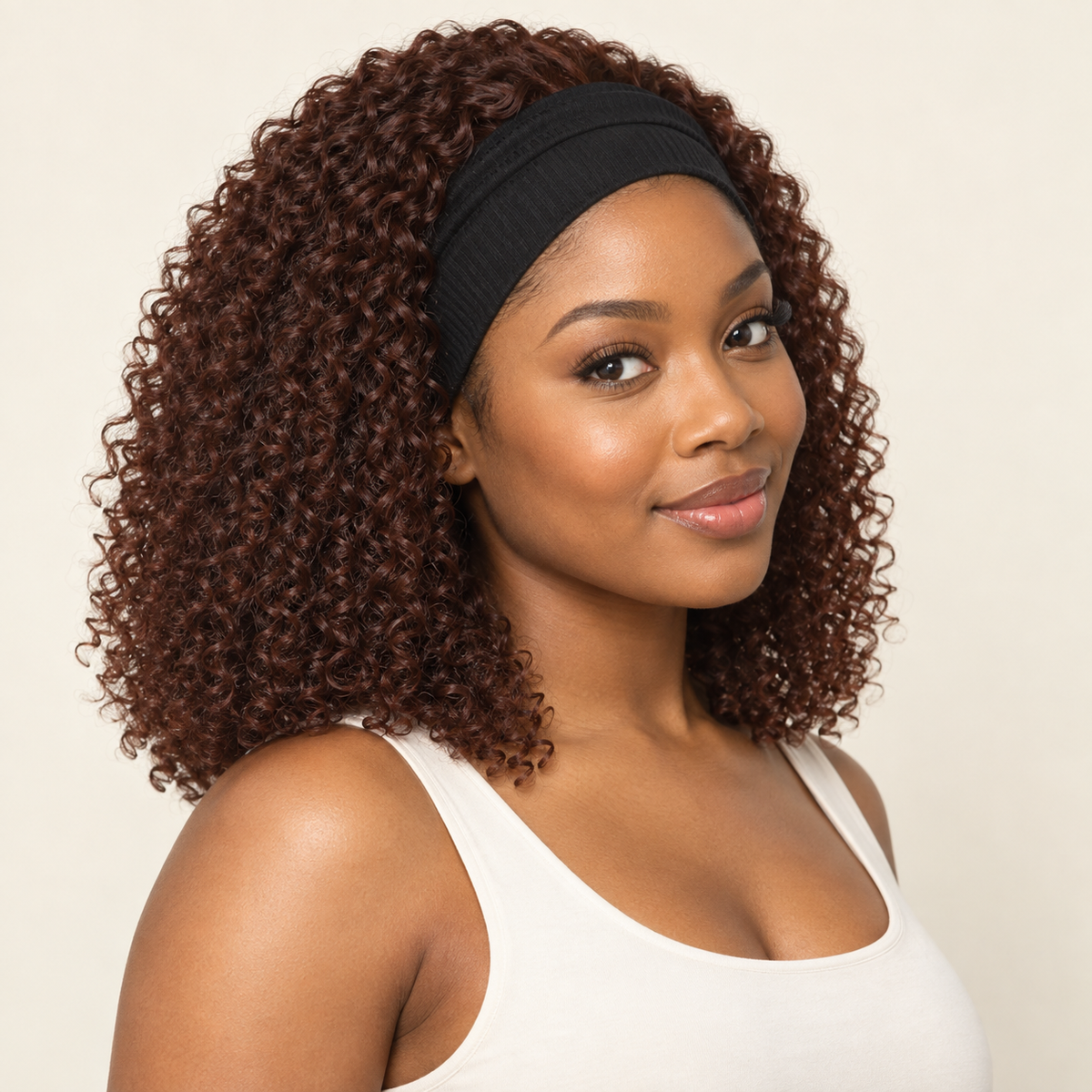 Jerry curly human-hair headband wig, 10-inch three-quarter view, AI-generated visualization