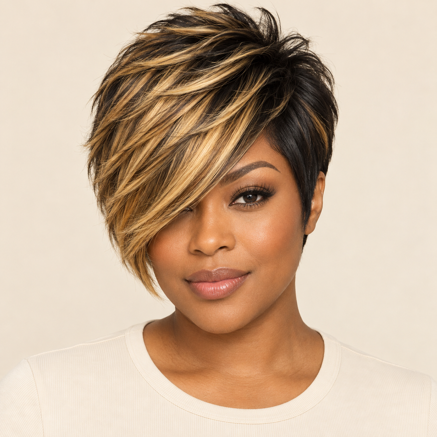 Short Layered Pixie Synthetic Wig – Black & Blonde Ombre front view – AI-generated visualization