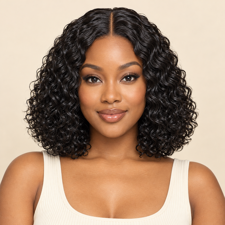 Short Curly Bob Synthetic Wig — Black front view — AI-generated visualization