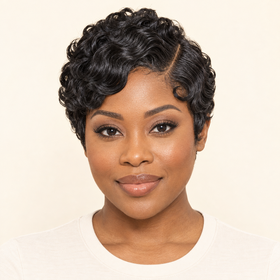 Short Curly Pixie Synthetic Wig – Black front view – AI-generated visualization