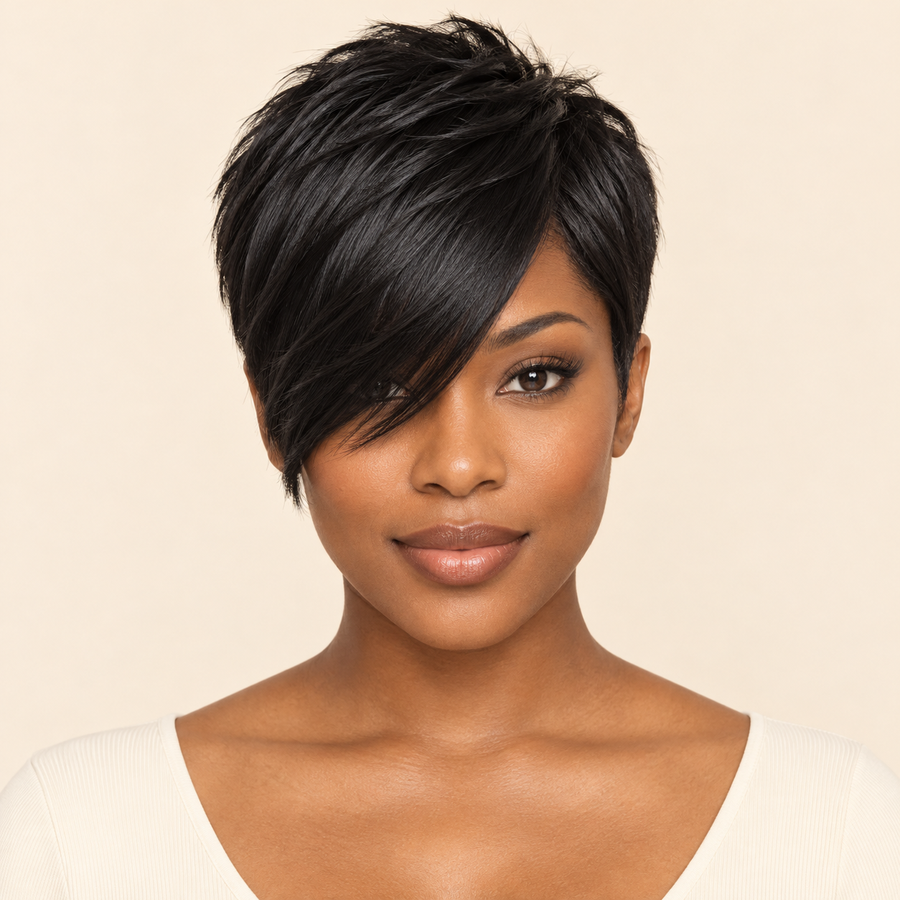 Short Pixie Cut Synthetic Wig – Black front view – AI-generated visualization