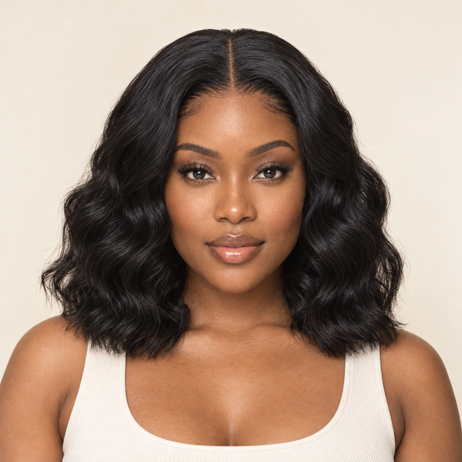 Shoulder-Length Wavy Bob Synthetic Wig, Black, front view, AI-generated visualization
