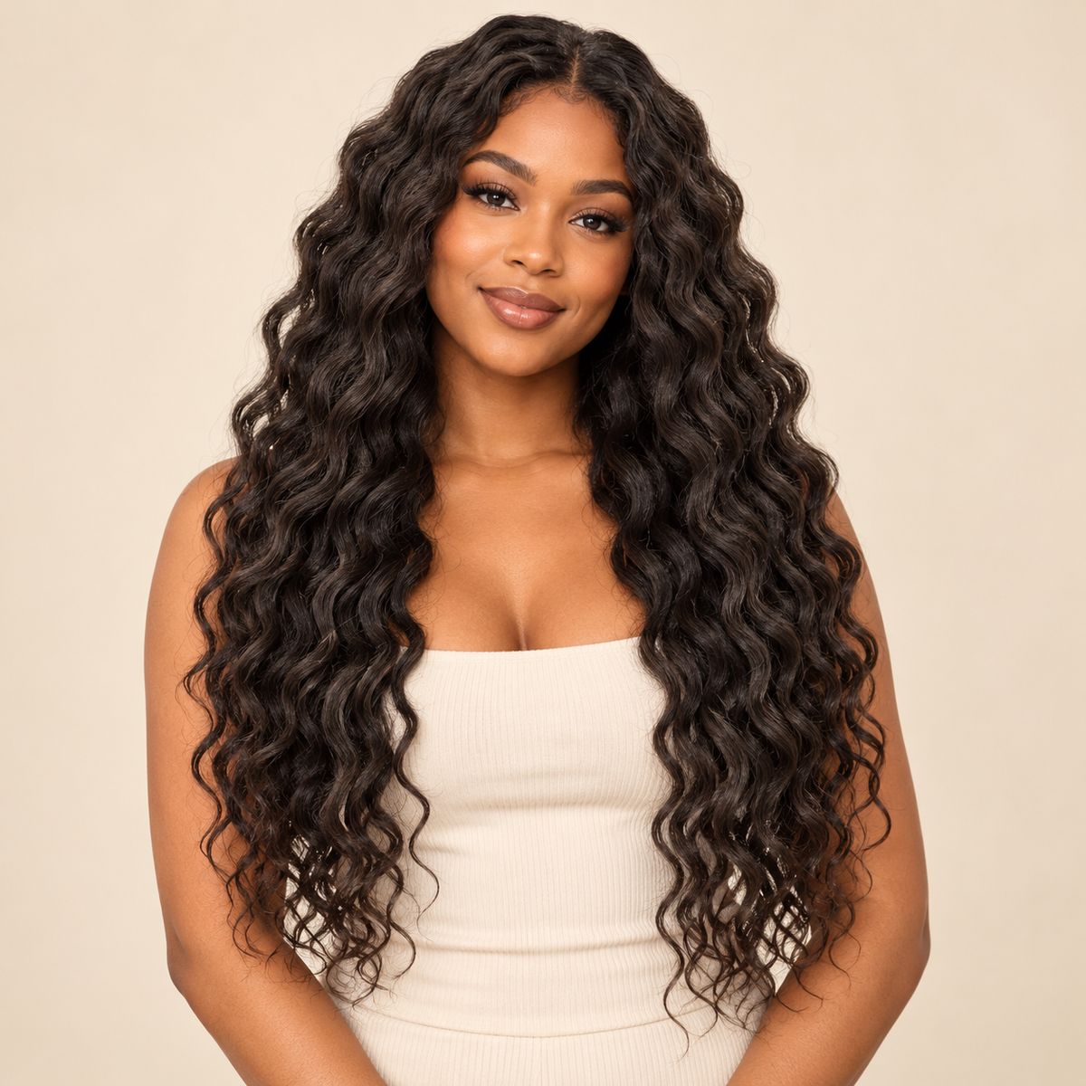Ocean Wave Crochet Hair 24-inch extensions in shade 1B natural black, installed crochet style front view, AI-generated visualization