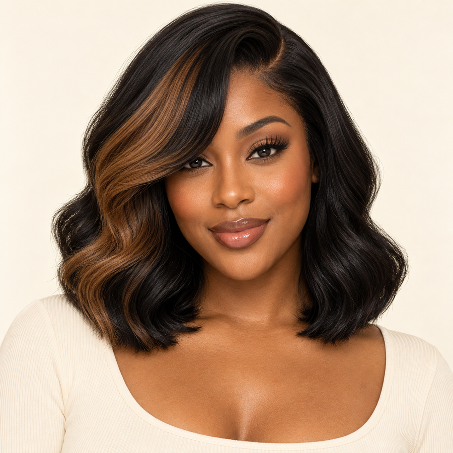 Short Wavy Bob Synthetic Wig – Black with Brown Highlights front view – AI-generated visualization