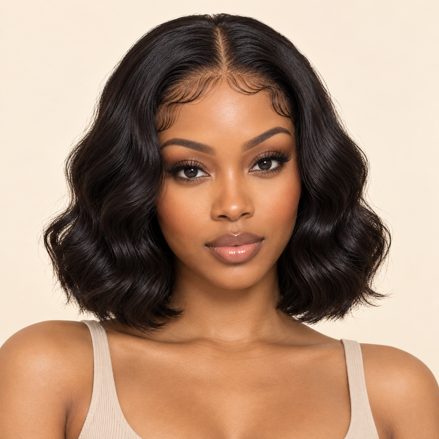 Front view of natural black 10-inch loose body-wave human hair wig on adult model, AI-generated visualization