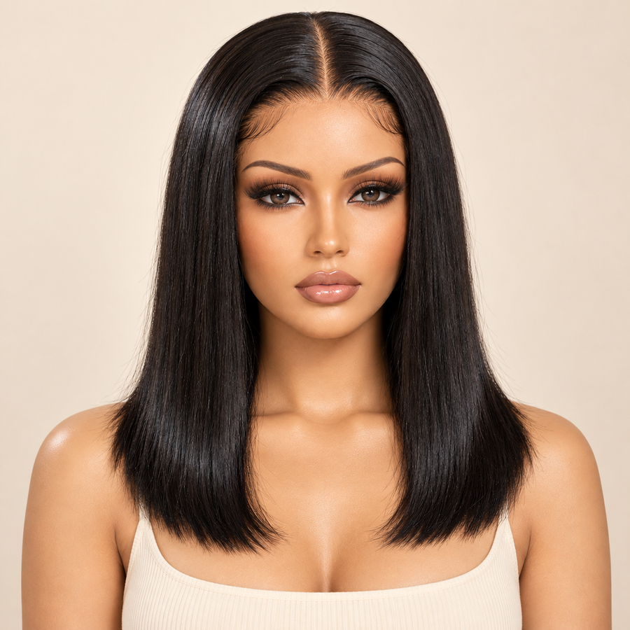 Natural-black straight human-hair lace-front wig, 13x4 12-inch, length variant; AI-generated visualization.