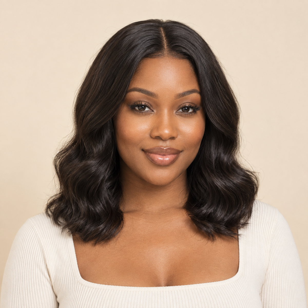 Body Wave lace-closure human-hair wig, natural color, 12 inch, model front view, AI-generated visualization.