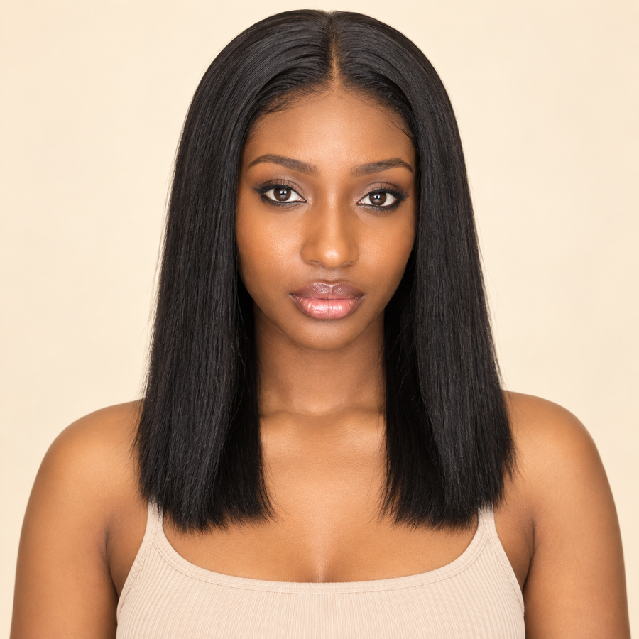 Black synthetic straight lace-front wig, 12-inch length, model front view; AI-generated visualization.