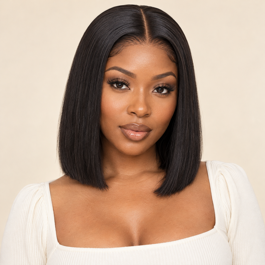 Natural black straight bob human-hair wig, 13x4 lace front, 150% density, model front view, AI-generated visualization