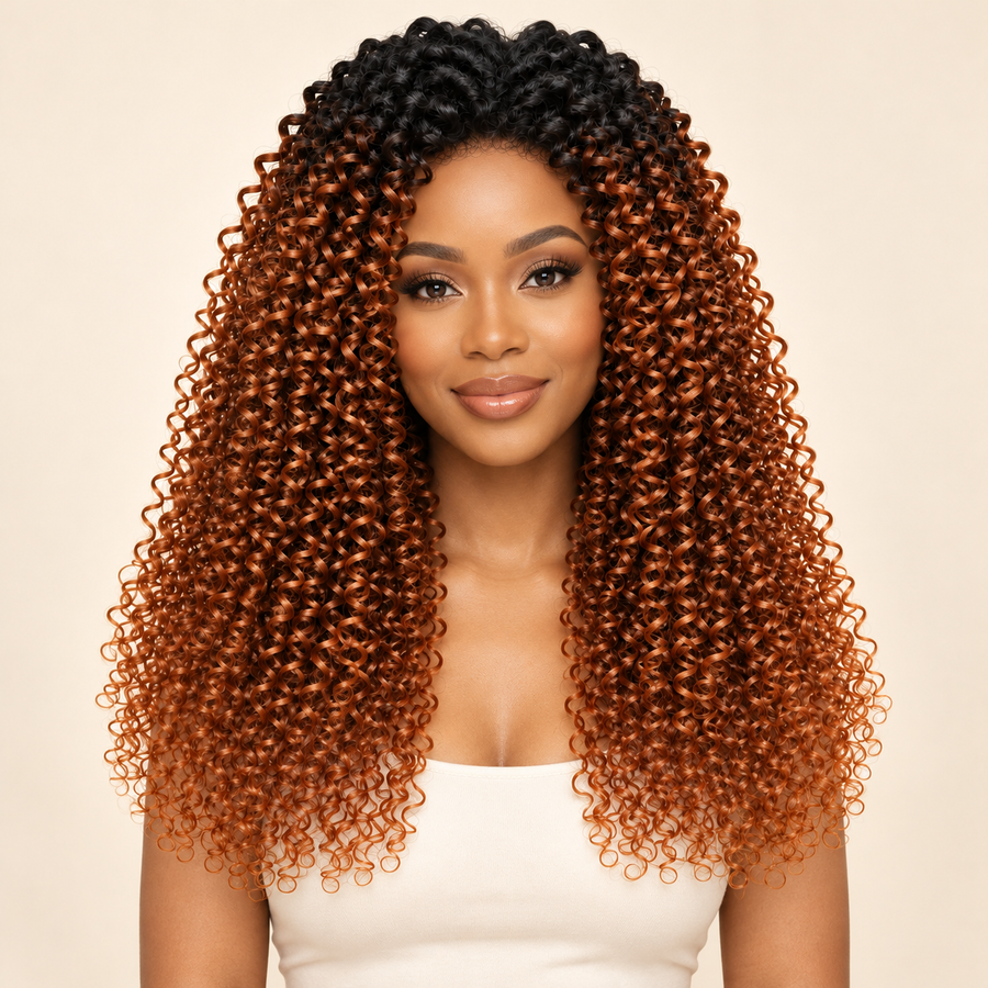Afro Kinky Curly Human Hair Wig, Brown Reverse T1B/30, 18-inch, model front view; AI-generated visualization.