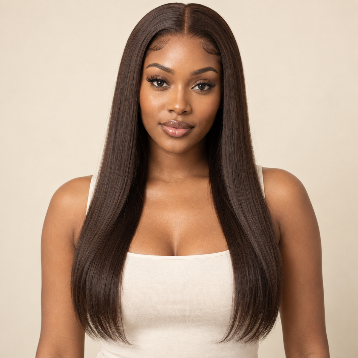 Chocolate Brown Straight 13x4 Lace Front Human Hair Wig, 18 inch, front view, AI-generated visualization