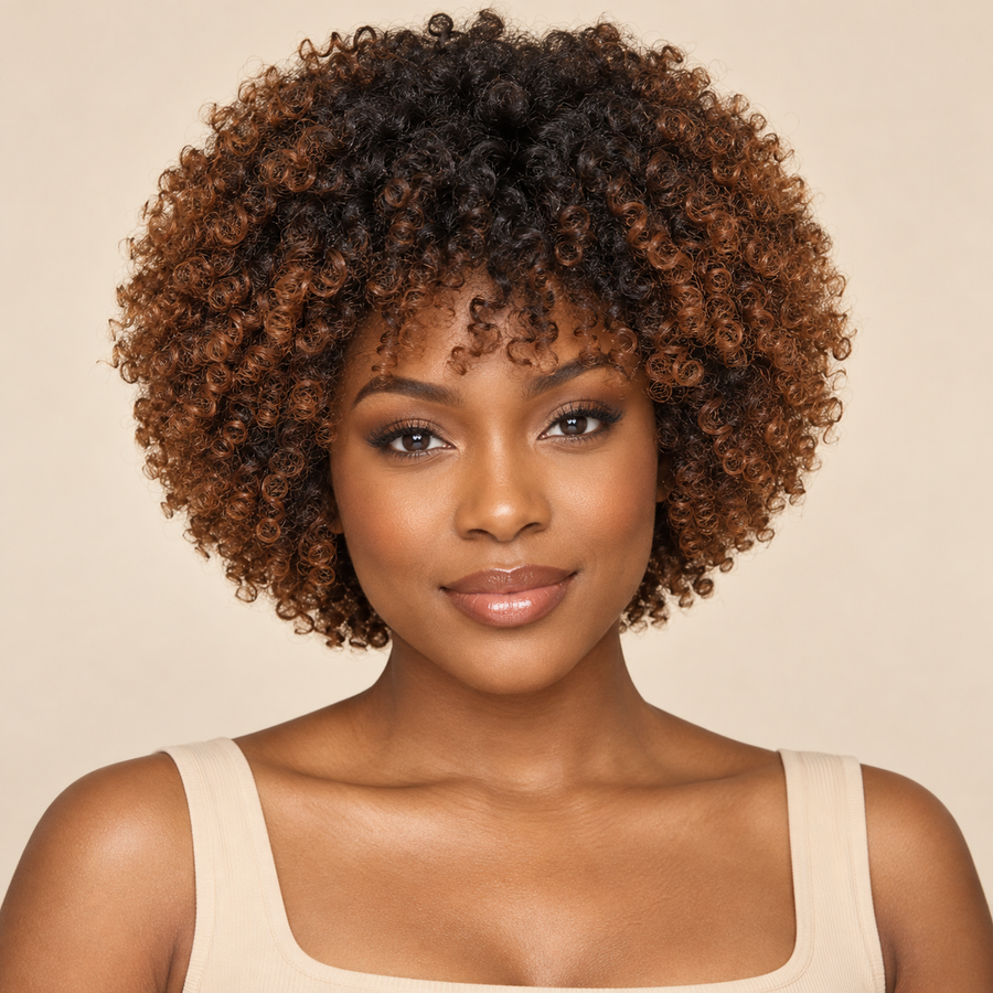 Short kinky-curly afro wig with dark roots and copper-brown ombre, adult model front view. AI-generated visualization.