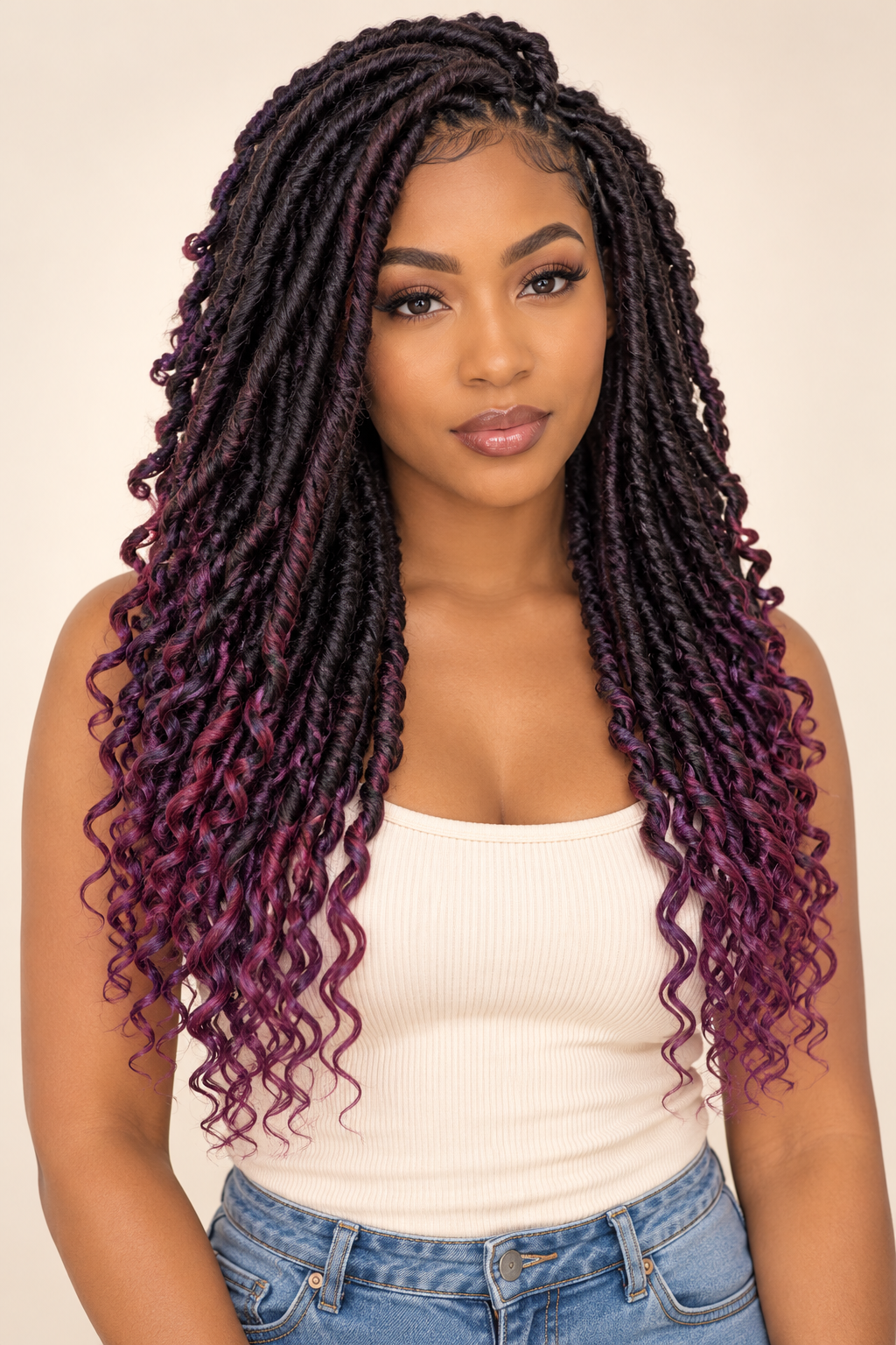 Goddess faux loc crochet extensions, 1B BUG 20 inch, installed front view