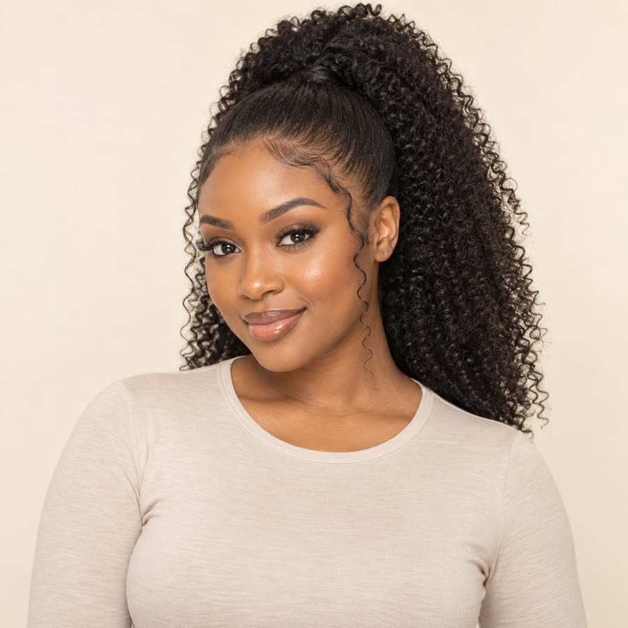 Afro Kinky Curly Ponytail, 14 inch, 1B model front view, AI-generated visualization