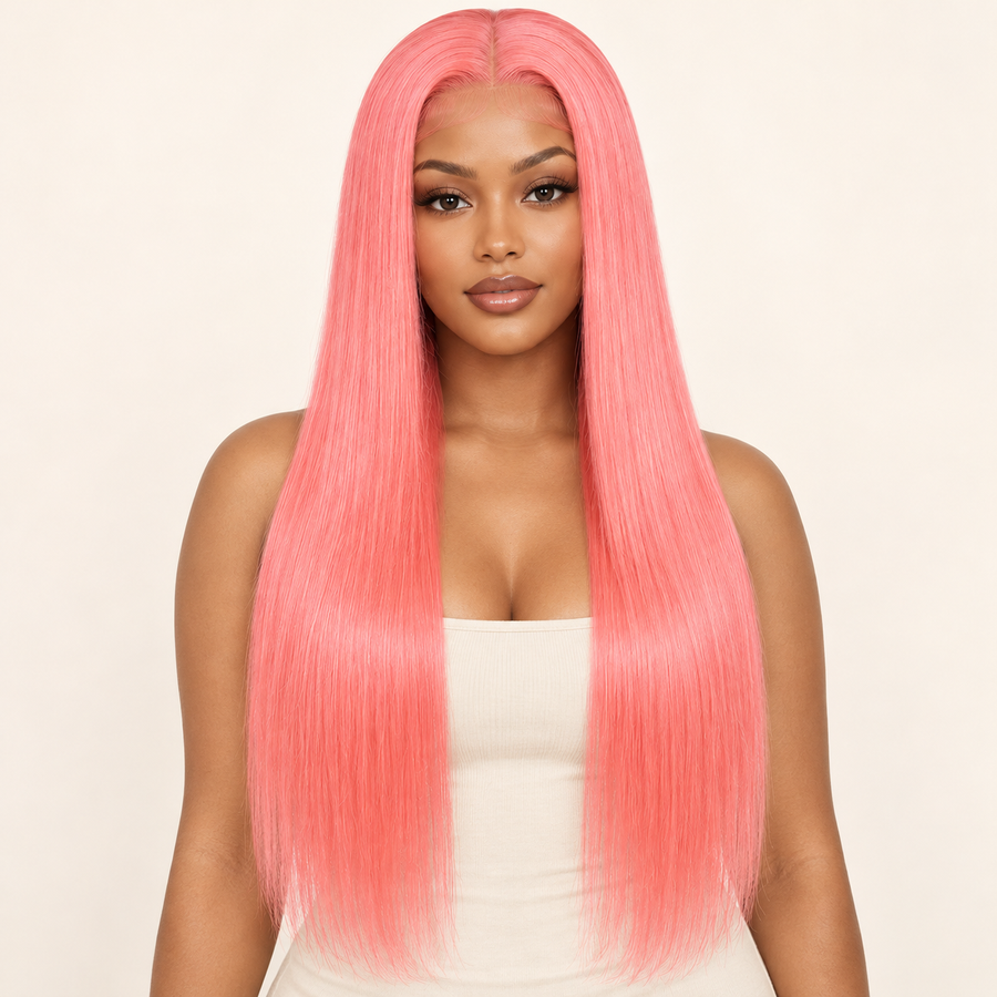 AI-generated visualization of the vivid pink 22-inch silky straight 13x4 human hair wig, adult model facing forward.