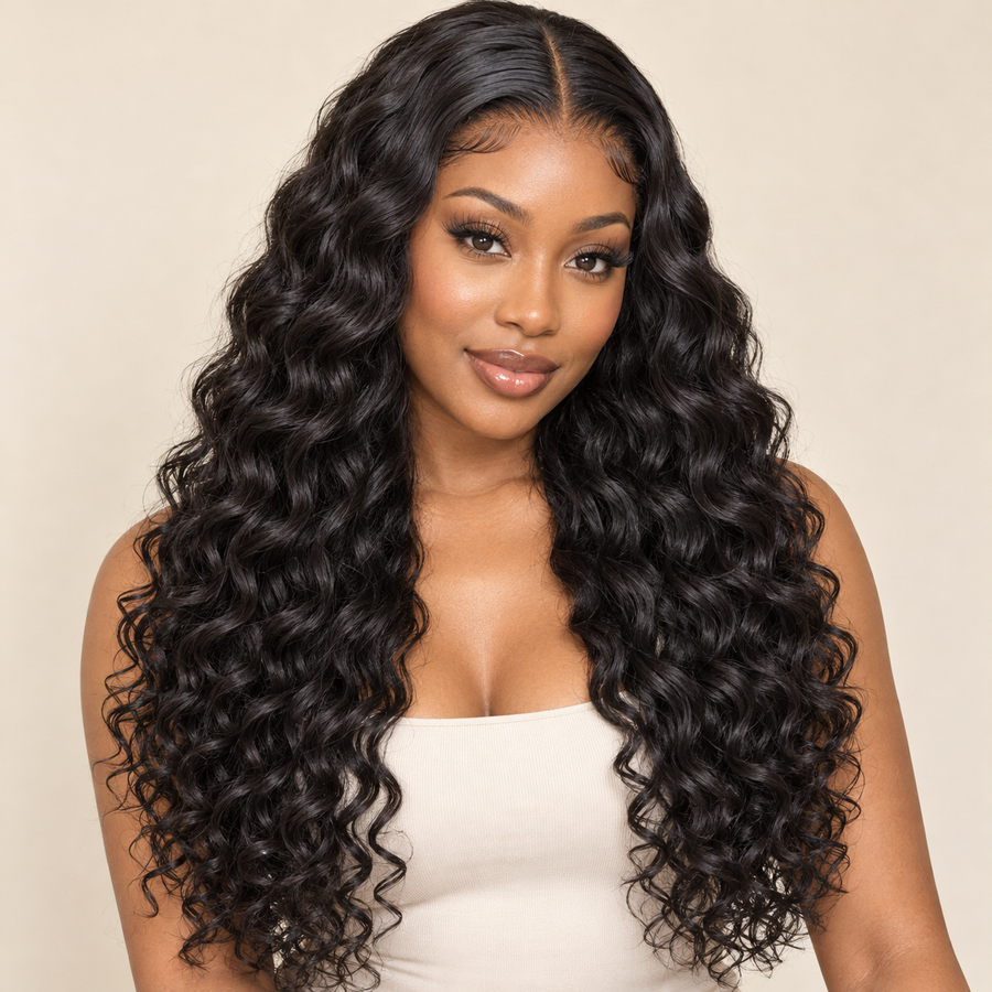 AI-generated visualization of the natural black 22-inch 4x4 water-wave synthetic wig, model front view.