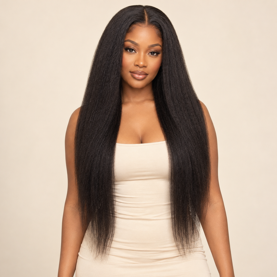 Natural-black yaki kinky straight 13x4 lace-front human-hair wig, 22-inch, model front view