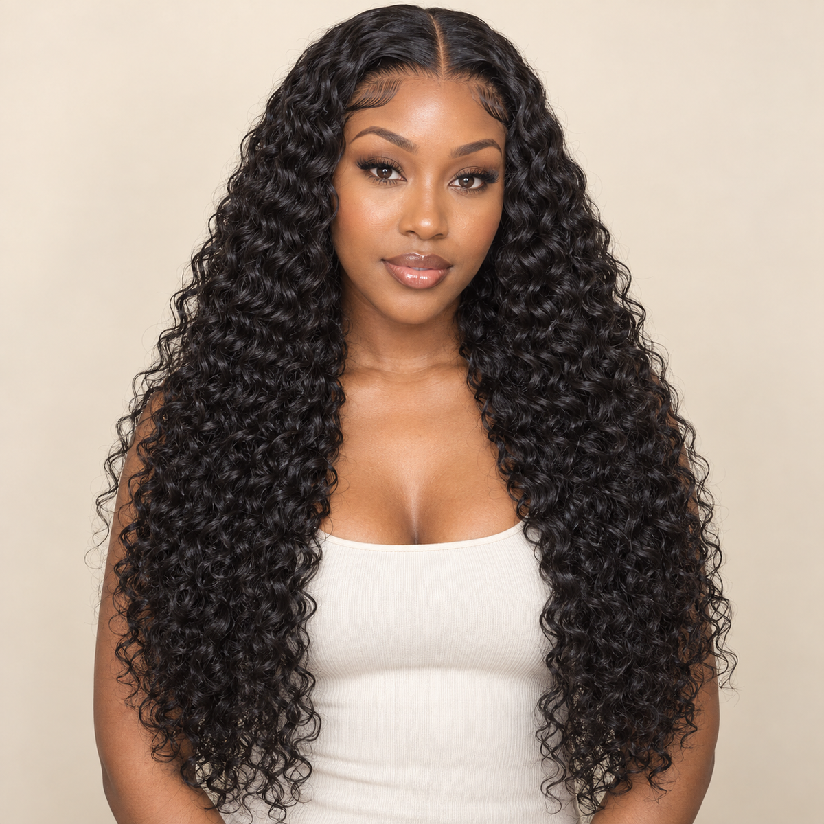 Deep Curly Lace Front Human Hair Wig, natural black 13x4, 30 inch model front view, AI-generated visualization
