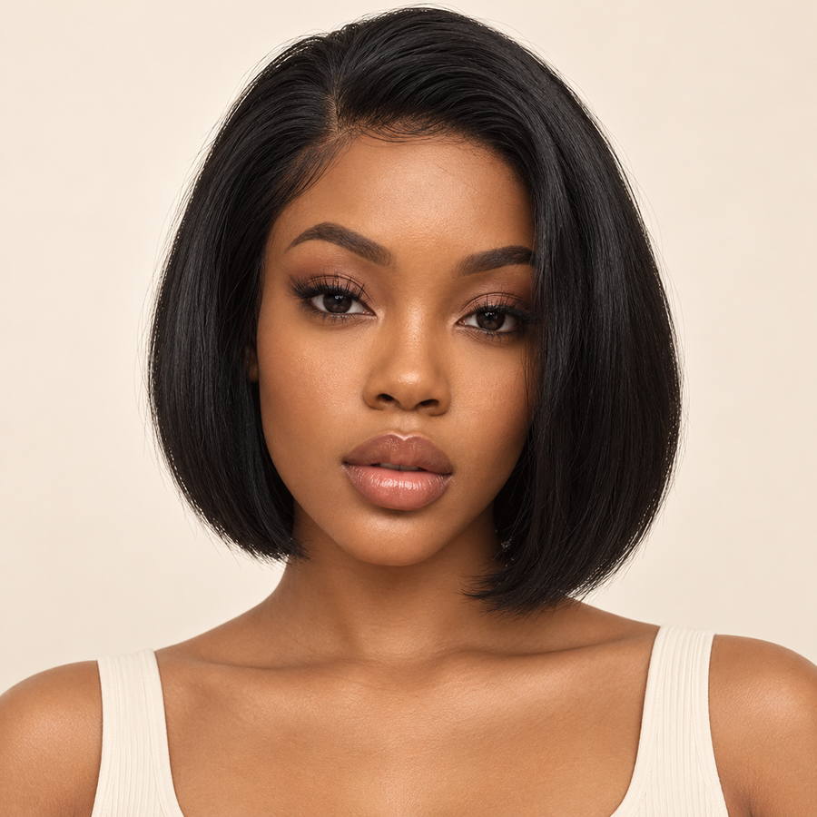 Black 10-inch straight side-part bob synthetic wig, model front view, AI-generated visualization