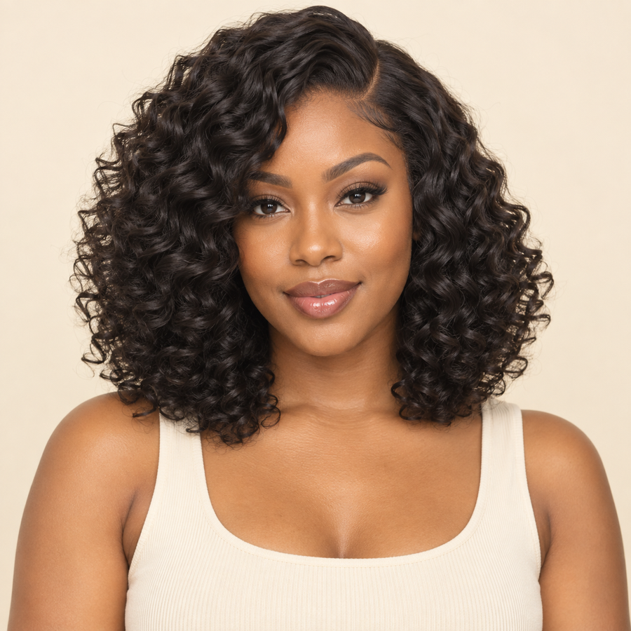 Curly Lace Front Synthetic Wig, Black, 12 inch shoulder-length curly bob, front view, AI-generated visualization
