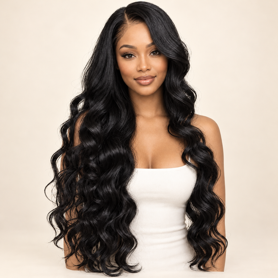 AI-generated visualization of an adult model wearing the long black wavy synthetic wig with an offset side part, front view.