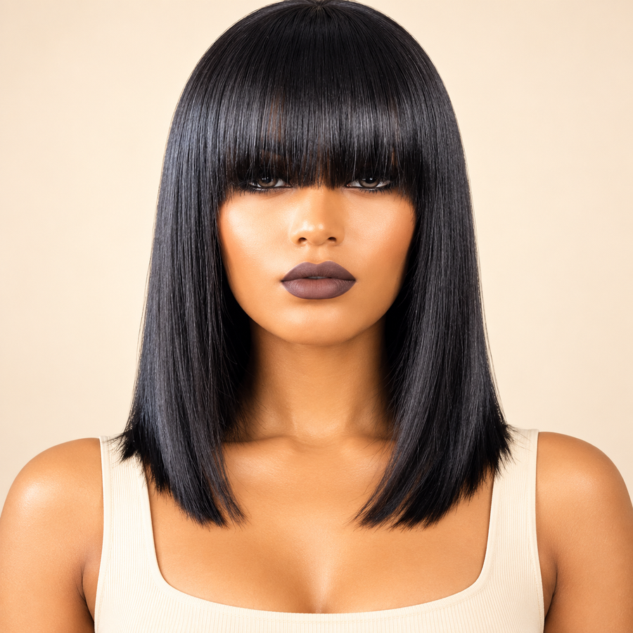 Black synthetic straight bob wig with blunt bangs, model front view, AI-generated visualization based on supplier photo