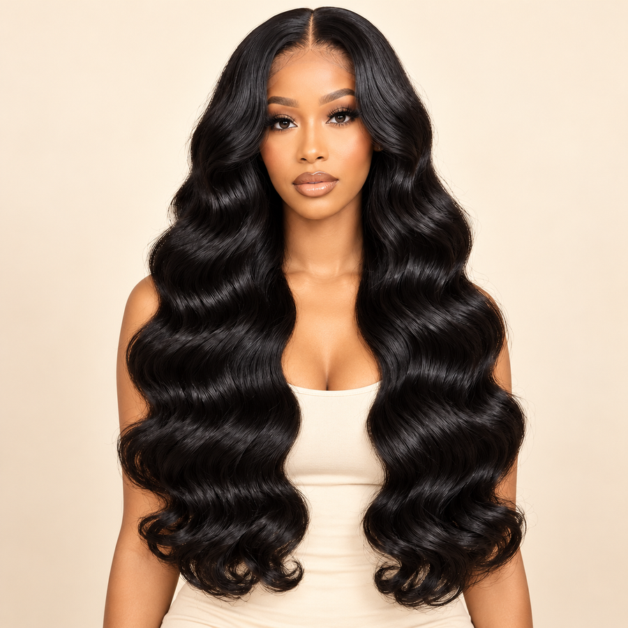Body Wave 6x4 Lace Front Wig, natural black, 26 inch, front view, AI-generated visualization