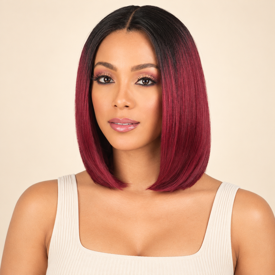 Black-to-burgundy ombre synthetic straight bob wig, model front view, AI-generated visualization