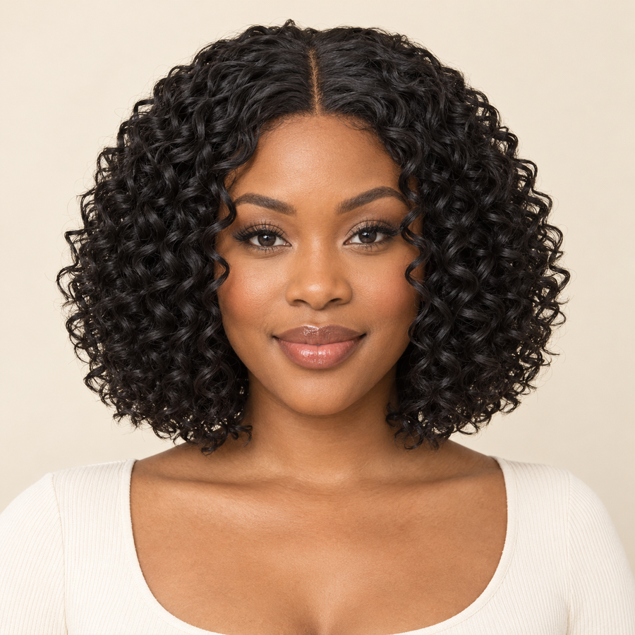 Short Curly Bob Synthetic Wig — Black front view — AI-generated visualization