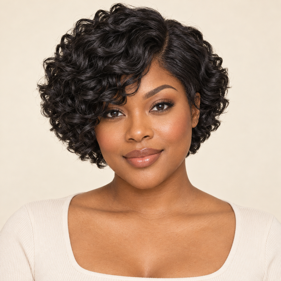 Short Curly Black Synthetic Wig with Side Bangs — Black front view — AI-generated visualization