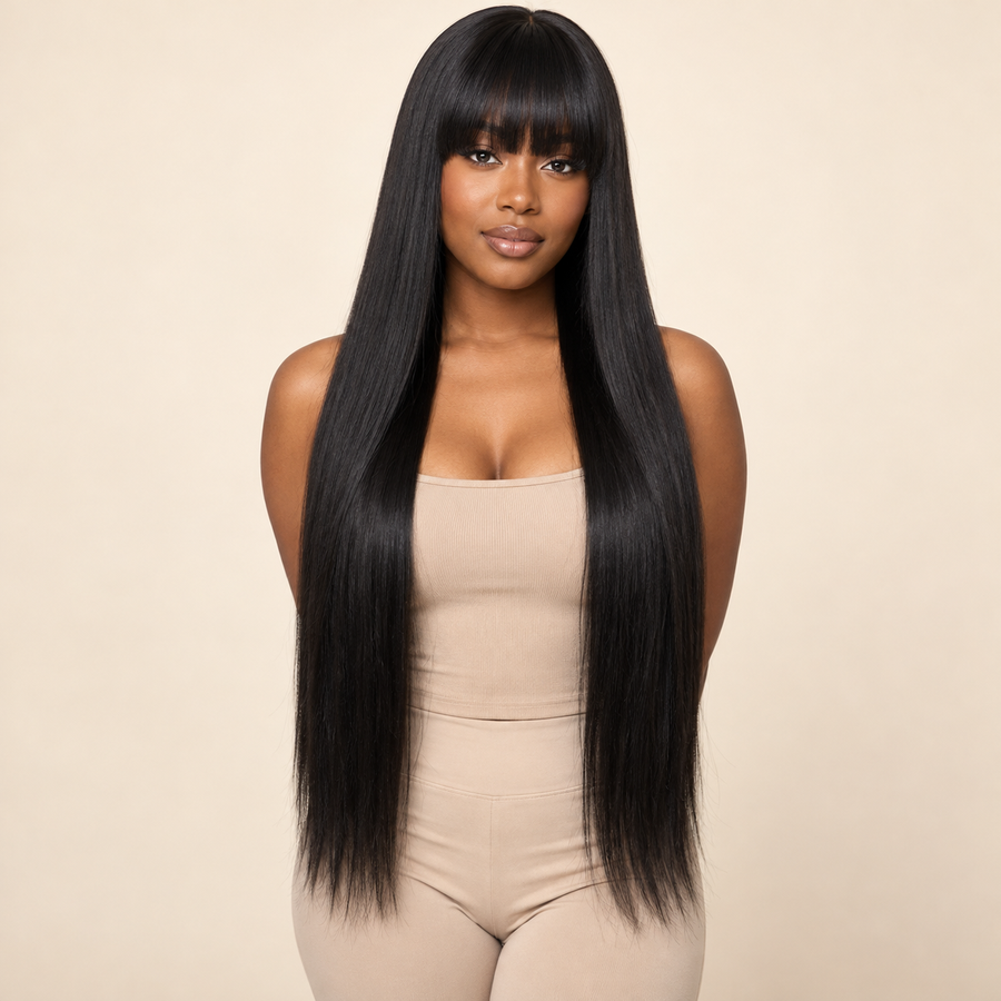 AI-generated front view of the Black long straight synthetic wig with full bangs on an adult model; hands out of frame