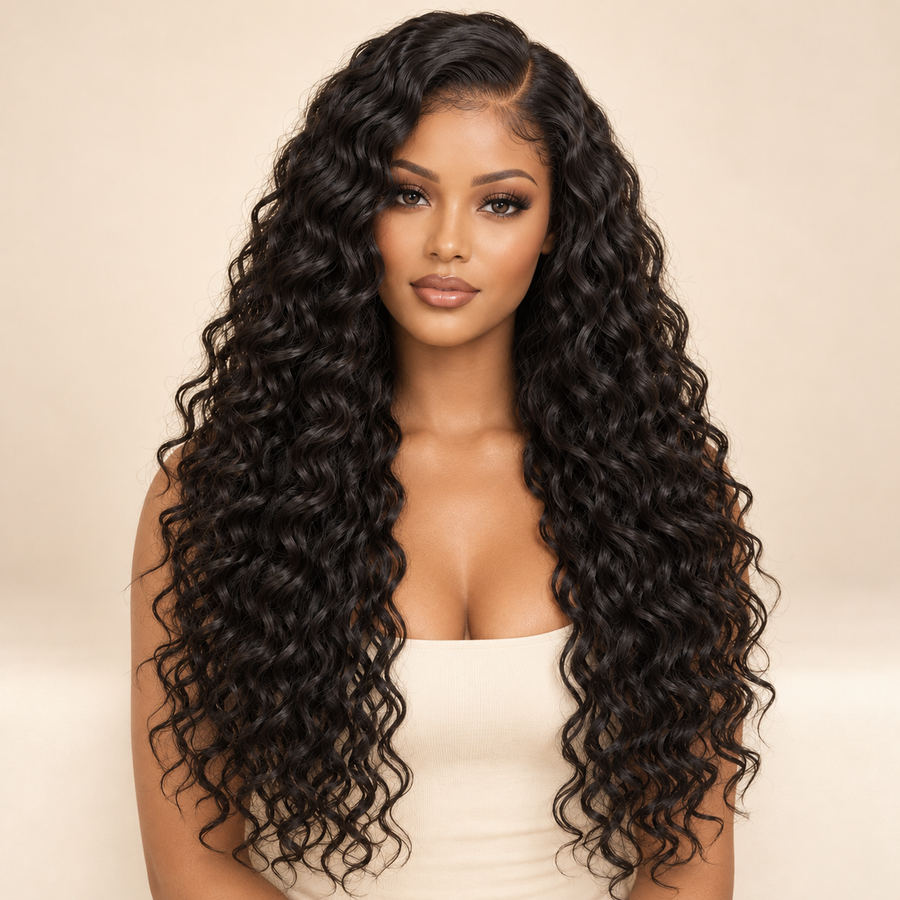 Long natural-black deep-curly synthetic lace-front wig, adult model front view. AI-generated visualization; the supplier Set contents are not pictured.