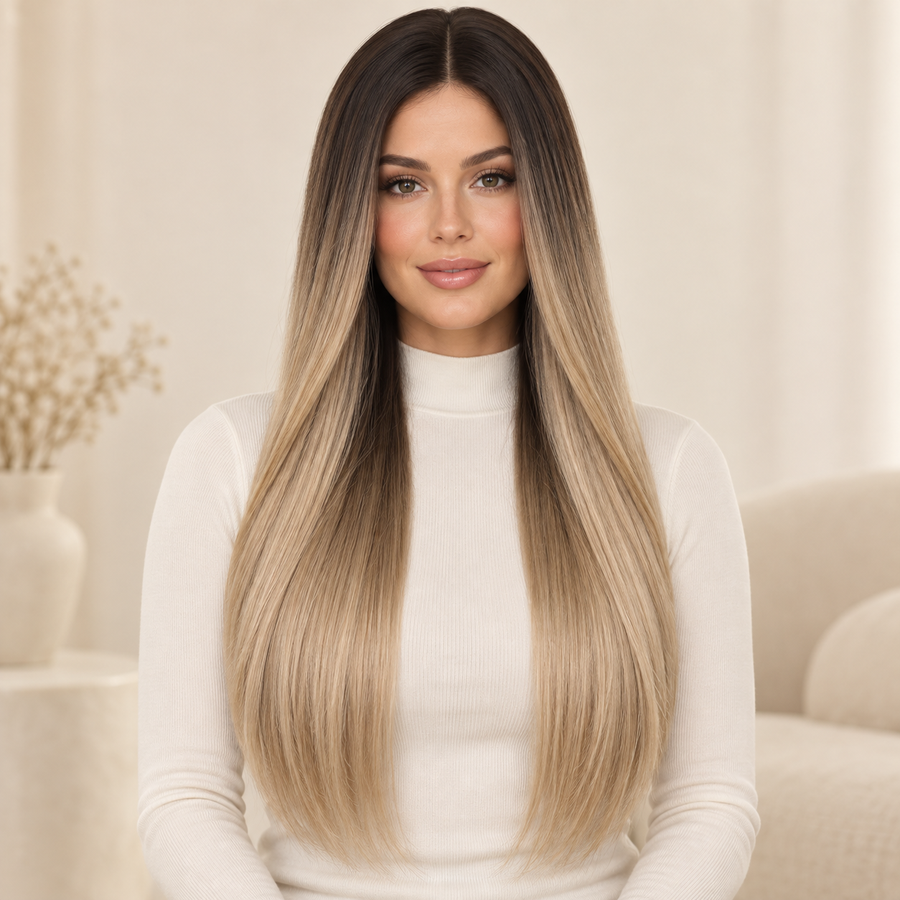 Linen-blonde ombre straight synthetic wig with dark roots, center part, front model view; AI-generated visualization.