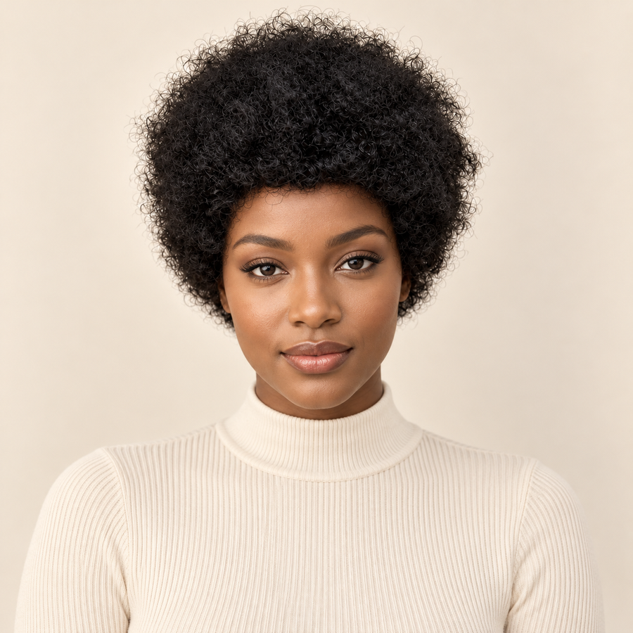 Short Curly Afro Human Hair Wig 4 inch, natural black, front view, AI-generated visualization