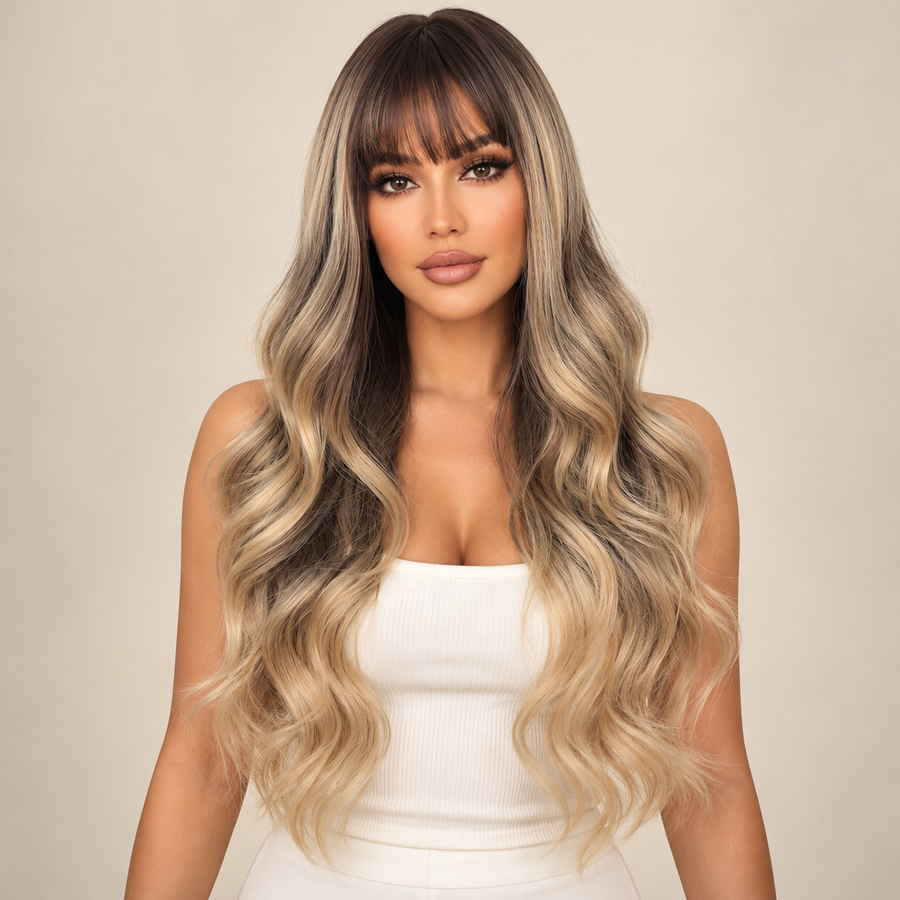 Long Wavy Synthetic Wig with Bangs, Style A taupe and beige-blonde ombre, front view, AI-generated visualization.