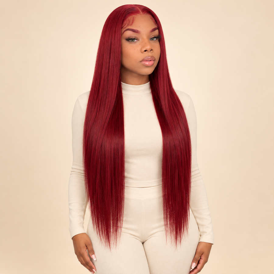 Long straight synthetic wig in wine red, center part, model front view, AI-generated visualization