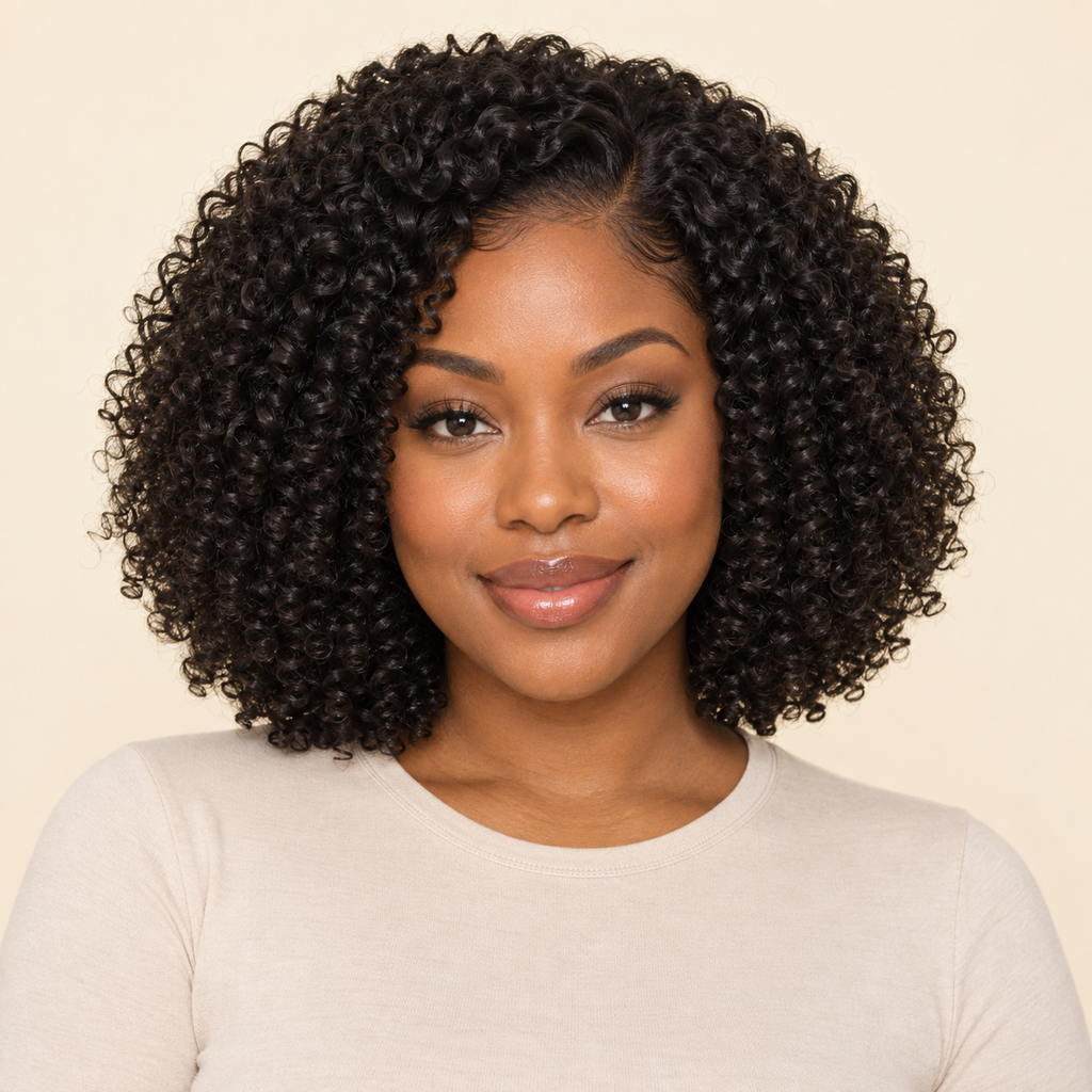 African Small Rolls wig, Black, 10 inch, model front view, AI-generated visualization