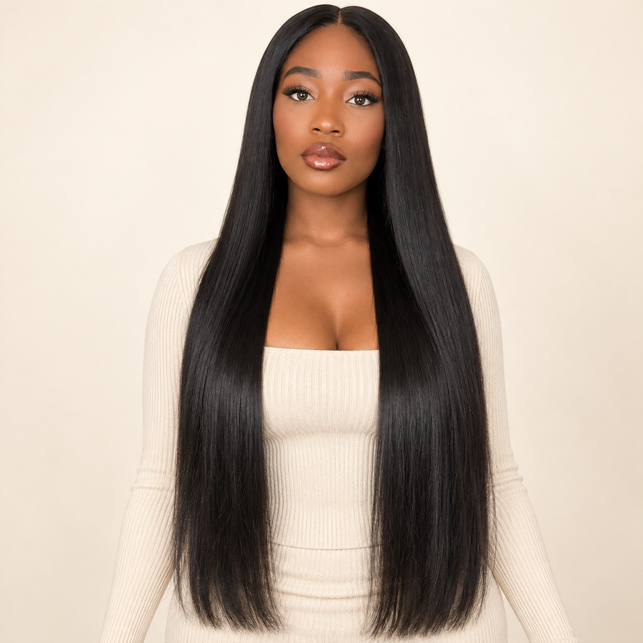 Natural-black 26-inch long straight synthetic wig, model front view, AI-generated visualization