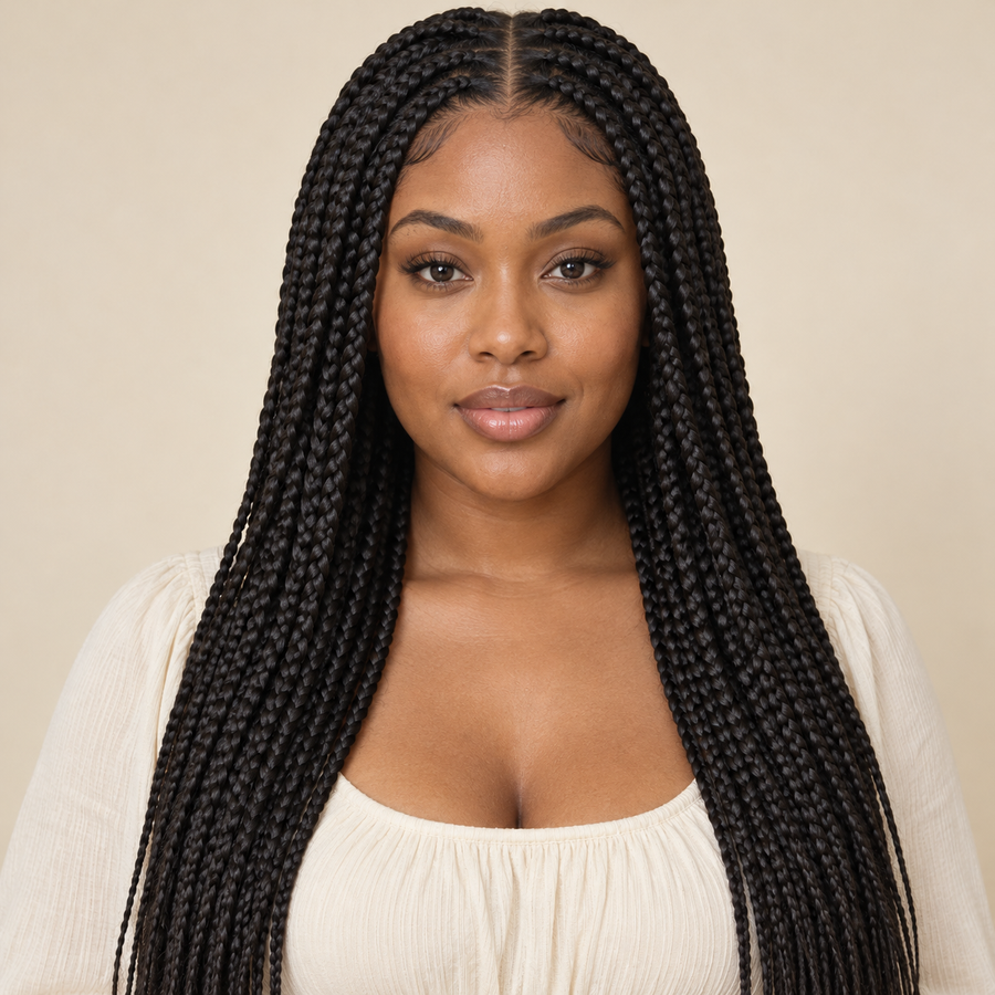 Adult model wearing black three-strand braided lace-front wig, front view; AI-generated visualization.