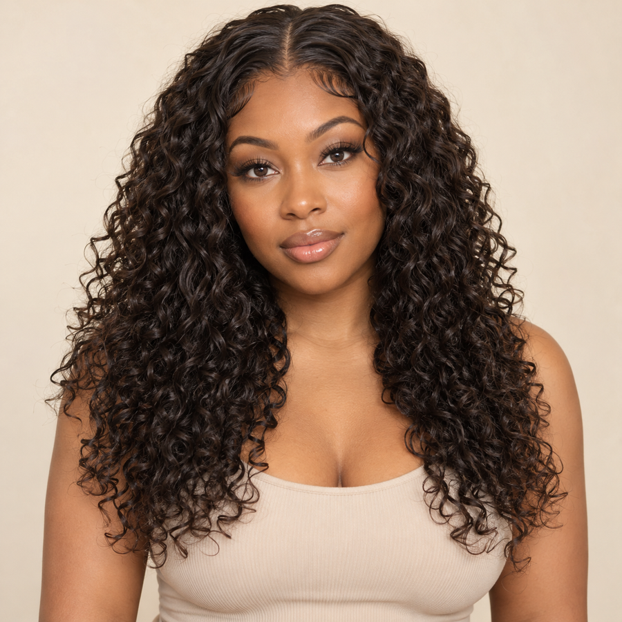 AI-generated front view of an adult model wearing the black-brown long curly synthetic wig with a center part.