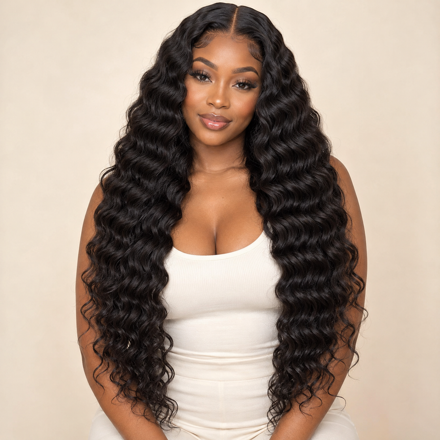 Very long deep wave lace wig in natural black, adult model front view. AI-generated visualization.